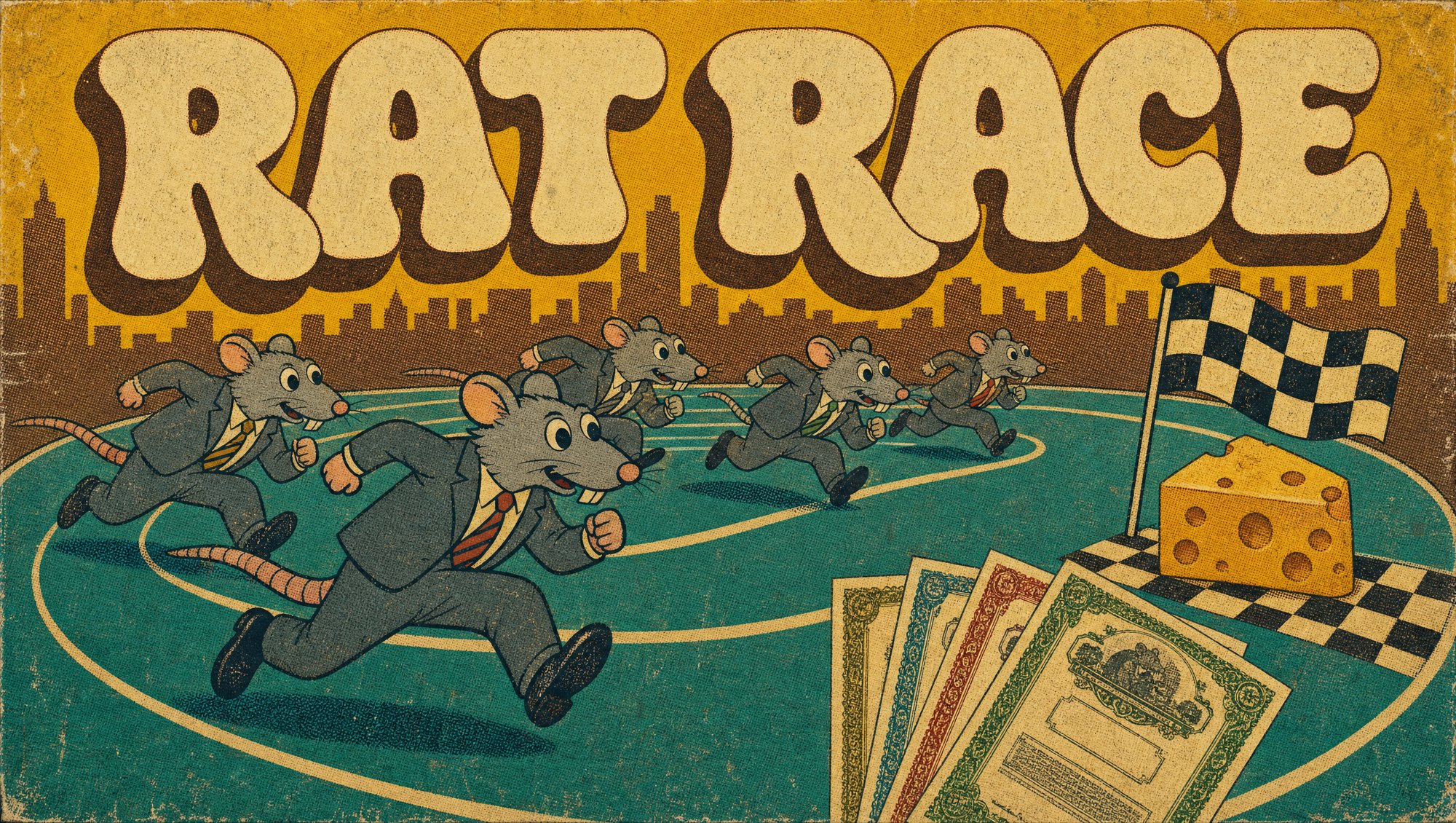 Rat Race: rats in suits sprinting around a track towards the cheese